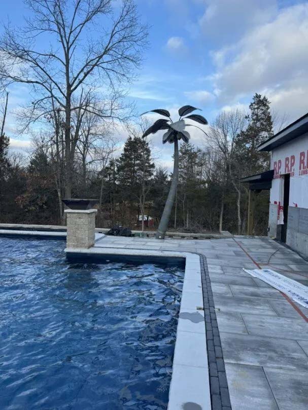Swimming pool with stone patio and decorative metal palm tree