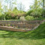 stepped stone retaining walls in landscaped backyard